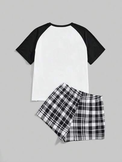 Goth Conjunto de pijama de shorts y Top de contraste de color con calavera gótica oscura y hombros caídos