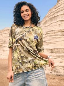 Easelle Summer Women's Vintage Western Style, Cowgirl Camouflage Branch & Leaf Splatter Print Knitted Women's Casual Loose T-Shirt - Multicolor - View 6
