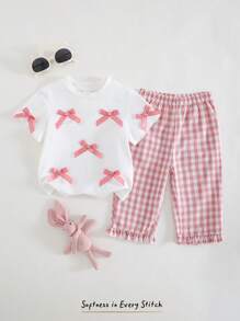 Cozy Pixies 2pcs Baby Girl 3D Bow Knit Soft Round Neck Short Sleeve Pullover Top And Elastic Waist Pants Set - Multicolor - View 3