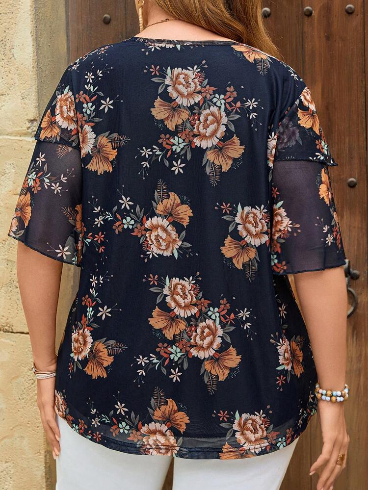Blusa de mujer talla grande con estampado floral, cuello en V y mangas con volantes para vacaciones, blusa casual de verano para mujer, flores, primavera