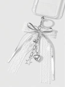 ROMWE Kawaii 1 件优雅简约可爱时尚优质白色蕾丝皮革蝴蝶结星心形装饰银链钥匙扣，适合女性、日常佩戴或送礼