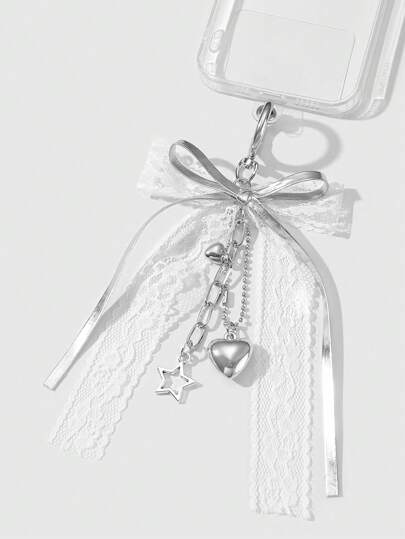 Kawaii 1pc Elegant Minimalist Cute Fashionable High-Quality White Lace Leather Bow Star Heart Decor Silver Chain Keychain, Suitable For Women, Daily Wear Or Gifts
