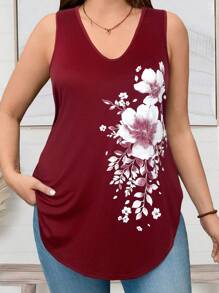EMERY ROSE 大码女式 V 领无袖弧形下摆花卉错落休闲上衣，女式春季夏季 - 酒紅色 - 查看 1