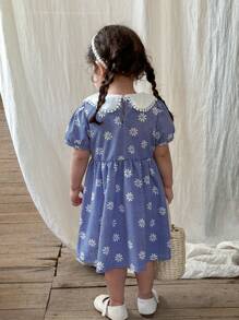 SHEIN Vestido con cuello ancho, mangas abullonadas y pequeñas margaritas para niña bebé, primavera/verano, estilo campo - Azul - Ver 2