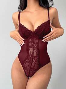 Aloruh Ladies' Elegant Sexy Lace Patchwork Bodysuit - Burgundy - View 4