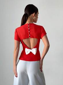 Firerie Women's Red Knitted Casual Blouse With Short Sleeves, Round Neck, And Pearl Button Back Detail - White - View 7