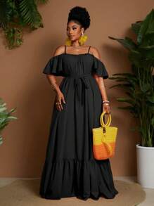 Maweii Vestido elegante con volantes de unicolor y hombros descubiertos para mujer de talla grande, adecuado para vacaciones - Negro - Ver 1