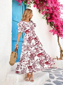 SHEIN VCAY Gewebtes Muster Kurzarm figurbetontes mittellanges Kleid für Frauen