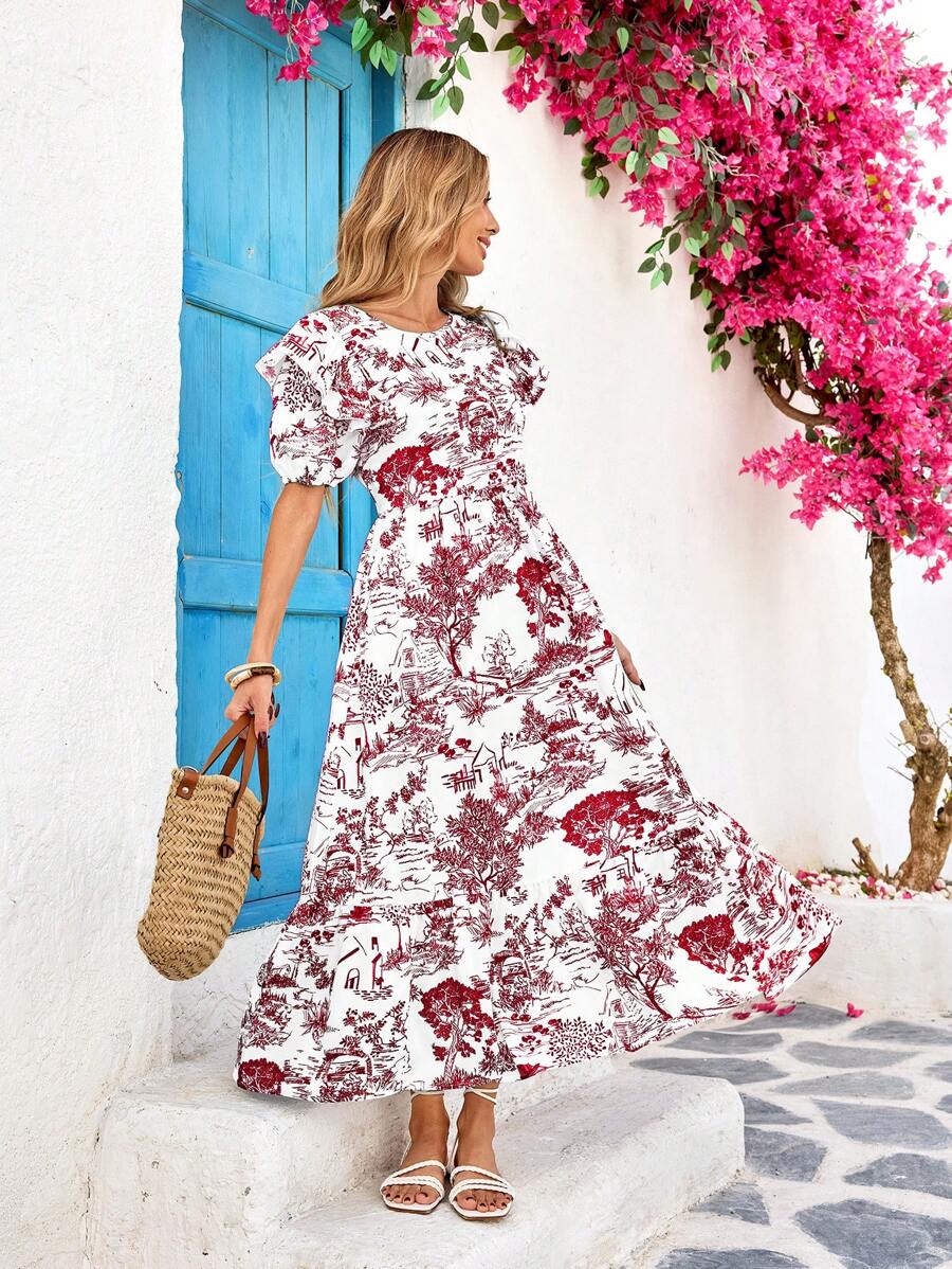 SHEIN VCAY Gewebtes Muster Kurzarm figurbetontes mittellanges Kleid für Frauen