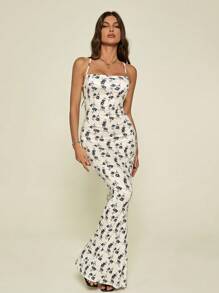 SHEIN Tall Women's Plunging Collar Large Backless Holiday Printed Knitted Long Dress - Beige - View 2