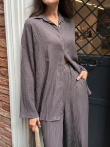 SHEIN PETITE 女式纯色纹理面料衬衫和裤子两件套 - 棕色 - 查看 6