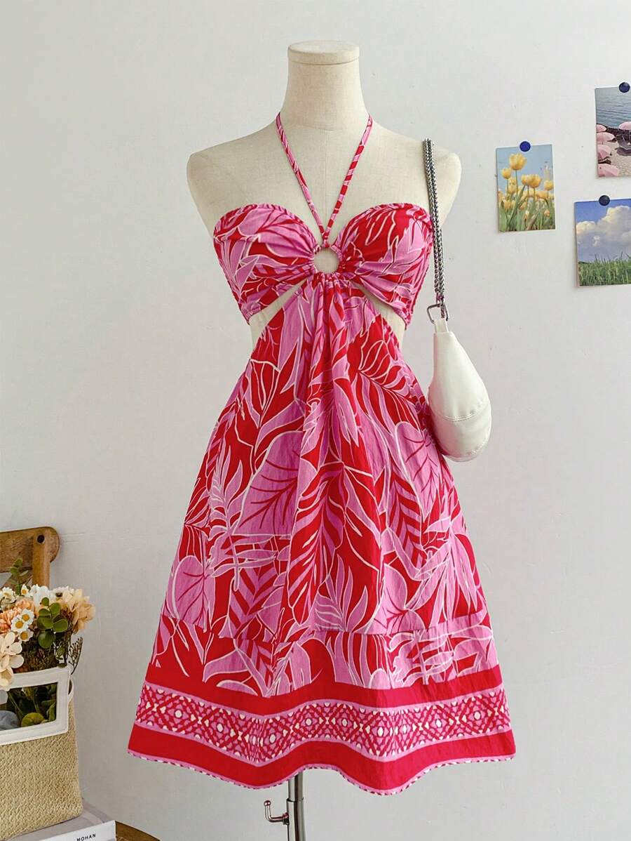 Soleia Summer Outfits For Women  Easter Outfit Women Vacation Rave Outfits Concert Outfit Women Rave Beach Vacation Outfits Concert Outfits For Women  Women Tropical Plant Print Halter Neck Mini Dress, Sundress Summer Vacation Style - Multicolor - View 1