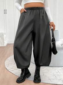 Elenzga Plus Size Casual Solid Color Loose Lantern Pants - Dark Grey - View 4