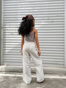 Coolane Kids Tween Girls Spring/Summer Streetwear Striped Textured White Baggy Pants,Tropical Vacation ,Spring Break Outfits,Back To School - Multicolor - View 5