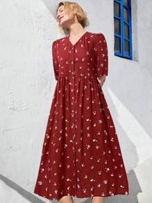 EMERY ROSE 女士 V 领优雅小花短袖中长款夏装