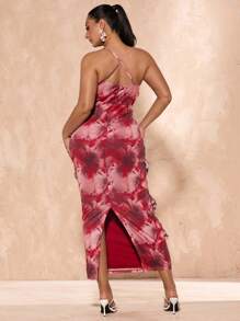 SHEIN BAE 加大码女式玫瑰花卉印花荷叶边下摆开衩长裙，优雅浪漫风格，适合海滩度假、婚礼宾客服装、音乐节、沙滩裙太阳裙、波西米亚风度假服装 - 粉色 - 查看 2