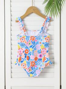 SHEIN Cute Girls' One-Piece Ditsy Floral Adjustable Ruffle Strap Ruffle Hem Swimsuit, Pool Party/Beach Vacation - Multicolor - View 2