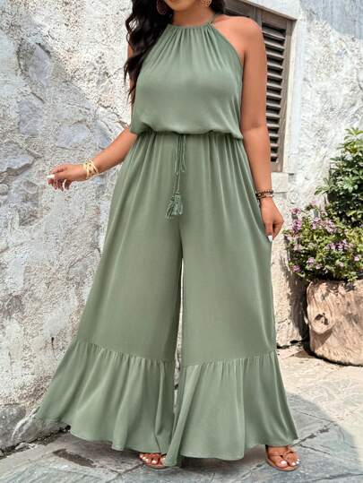 SHEIN VCAY Plus Size Holiday Casual Solid Color Halter Jumpsuit  Summer Jumpsuits For Women Skorts For Women Casual Vacation Outfits Women Shoulder Sexy Tie Flowy Pants