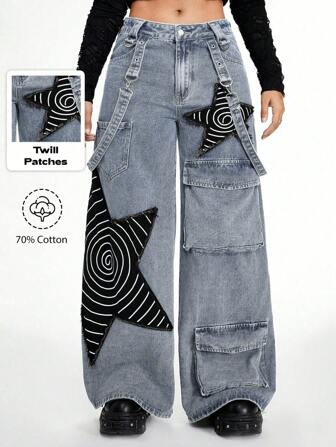 Grunge Punk Pantalones cargo vaqueros de pierna ancha y holgada con parche de estrella y lavado desgastado, estilo punk, para verano