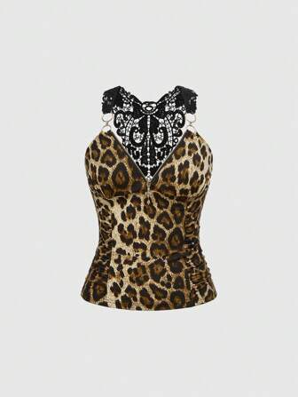 J-Fashion Retro Y2K Leopard Print Fabric Elegant Crew Neck Cross Decor Lace Patchwork Backless Tank Top, Summer For Women