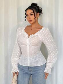 Chiquease Ausgeschnittene Stickerei Chiffon Puffärmel Herzausschnitt Langarm süße Urlaubsbluse für Frauen