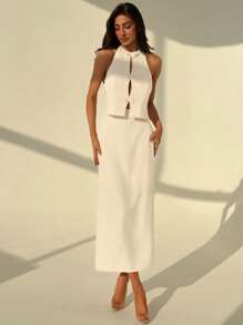 Aloruh Women's Bow Decor Backless Halter Top And Skirt 2pcs Set - Apricot - View 6