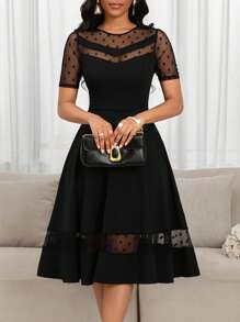 SHEIN Lady 女士网纱拼接短袖A字连衣裙 - 黑色 - 查看 6