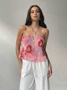 Aloruh Women Elegant Floral Print Bandeau Top, Summer