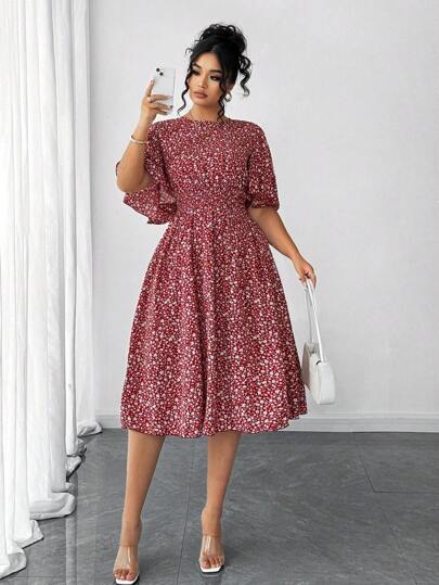 Elenzga Plus Size Women's Ditsy Floral Round Neck, Ruffle Sleeve, Waist Gathered A-Line Midi Dress, Elegant Casual Wear