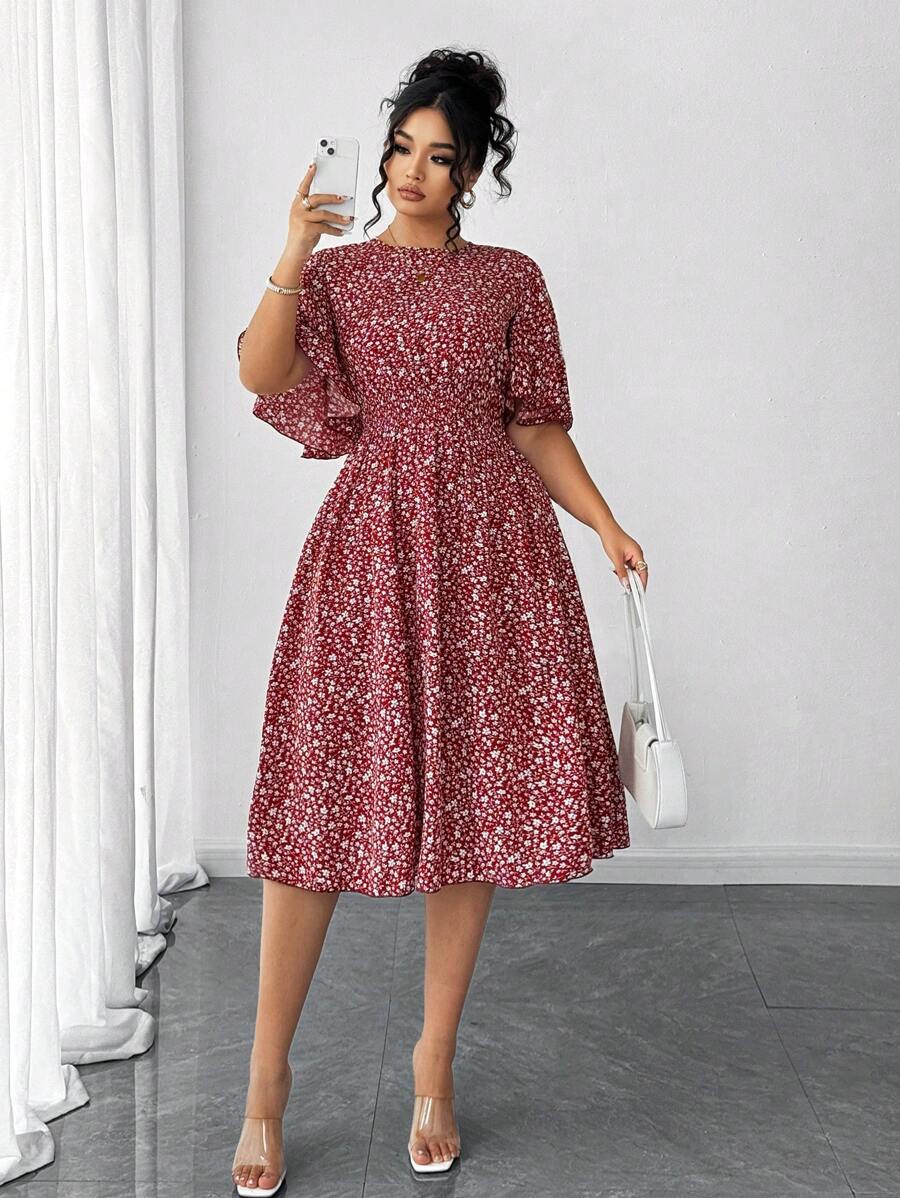 Elenzga Plus Size Women's Ditsy Floral Round Neck, Ruffle Sleeve, Waist Gathered A-Line Midi Dress, Elegant Casual Wear