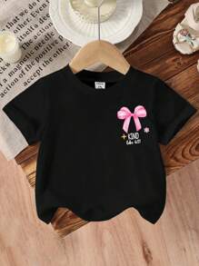 SHEIN Explorewe Baby Girls' "God Says I Am Strong" Bow, Pearl, Heart Print Round Neck Short Sleeve Cute Black T-Shirt - Black - View 2