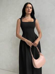 Aloruh 女式白色长款 A 字形荷叶边方领性感优雅腰部喇叭下摆连衣裙 - 黑色 - 查看 8