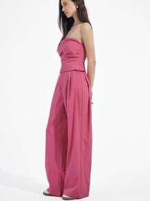 Chiquease Women 2Pcs Set Casual Loose Asymmetrical Ruffle Tube Top And Wide Leg Pants Suit For Commute And Vacation, Pink - Pink - View 5