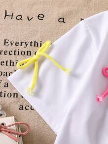 青少年女孩牛仔蝴蝶结刺绣 T 恤和牛仔短裤休闲两件套 - 白色 - 查看 6