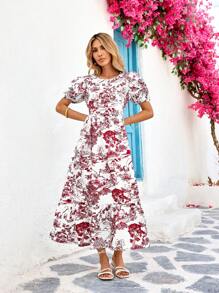 SHEIN VCAY Gewebtes Muster Kurzarm figurbetontes mittellanges Kleid für Frauen