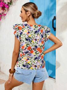 Vivid Eden Woven Print Square Collar, Cap Sleeve, Form-Fitting Women Blouse, Vacation Style, Summer For Women - White - View 2