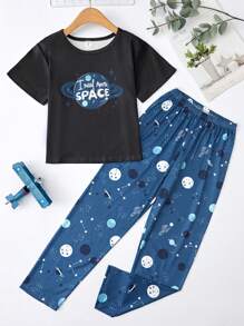 2 件套中大童黑色简约时尚满印太空元素圆领短袖上衣和休闲长裤家居服套装 - 黑色 - 查看 3