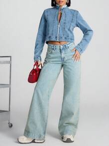 RueChic Giacca di jeans casual da donna con chiusura lampo anteriore e design con frange a maniche lunghe