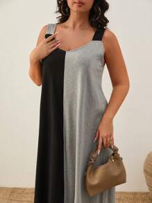 SHEIN Cottnline Vestido informal holgado de bloques de color para talla grande - Negro - Ver 3