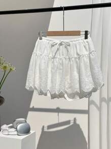 Comfortcana Women's Ruffled Embroidered Linen A-Line Skirt, Summer Vacation - White - View 7