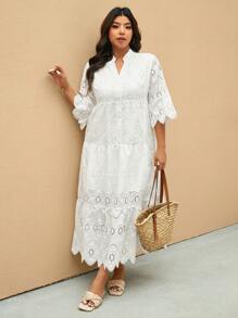 Elaquor 大码简约镂空刺绣缺口领连衣裙，度假风格，夏季