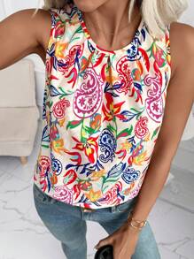 SHEIN Clasi 女士无袖佩斯利印花翻领衬衫，夏季女装，可爱夏季上衣，优雅度假休闲波西米亚风，适合毕业典礼、舞会、早午餐、婚礼宾客、教堂等场合。 - 彩色 - 查看 3