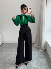 Chiquease 女士 V 领长袖裹身拼接数码印花连体裤 - 軍綠色 - 查看 1