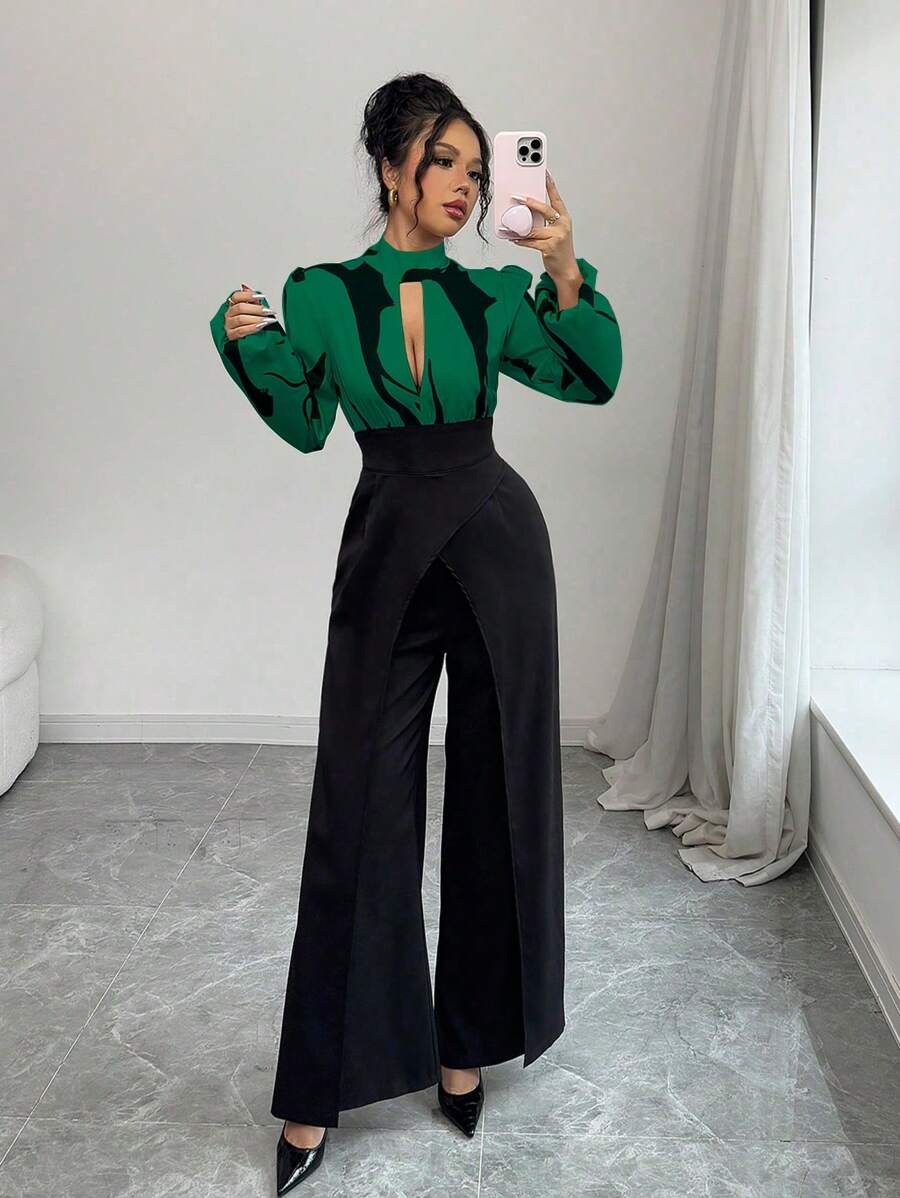 Chiquease 女士 V 领长袖裹身拼接数码印花连体裤 - 軍綠色 - 查看 1