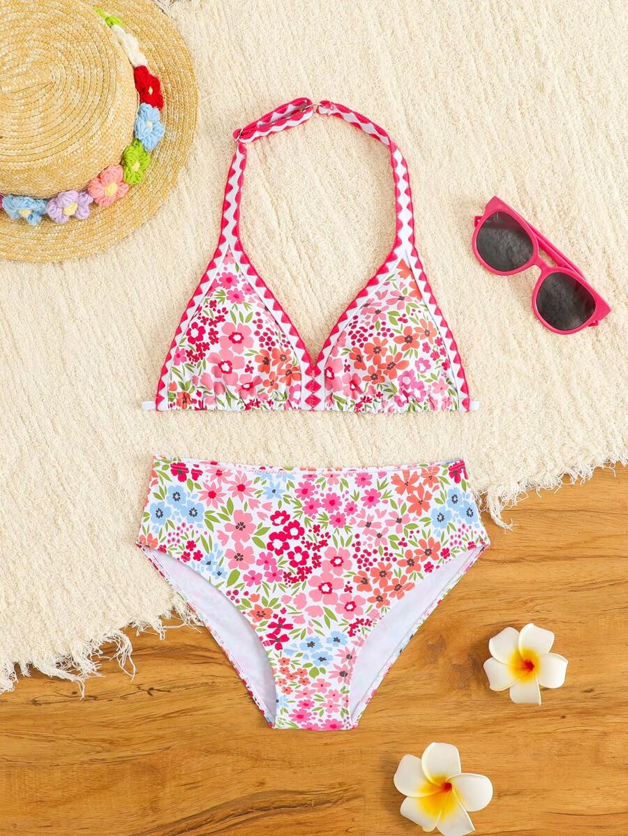SHEIN Tween Girl Floral Print Halter Bikini Set - Baby Pink - View 1
