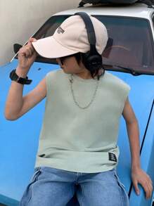 SHEIN Tween Boy Fashion Casual Y2k Patch Details Mix And Match The Sporty Comfortable And Breathable Light Green Knitted Denim Sleeveless Top For Kids Clothes Boys Soft Dailywear And Kids Summer And Spring Clothes - Green - View 5