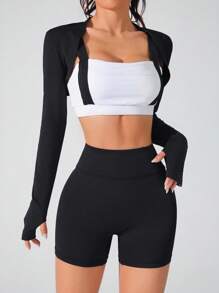 SHEIN Sports Ensemble de sport comprenant un Top à manches longues avec bretelles épaisses ajusté de blocs de couleurs et un short noir
