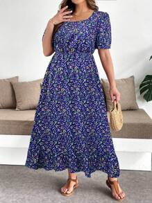 SHEIN Clasi 大码女式度假全印花短款泡泡袖休闲连衣裙 - 藍色 - 查看 5