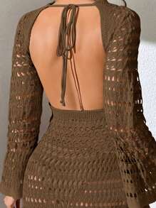 Swim Vcay Vacation Beach Solid Color Hollow Out Lace-Up Backless Mini Cover Up For Summer
