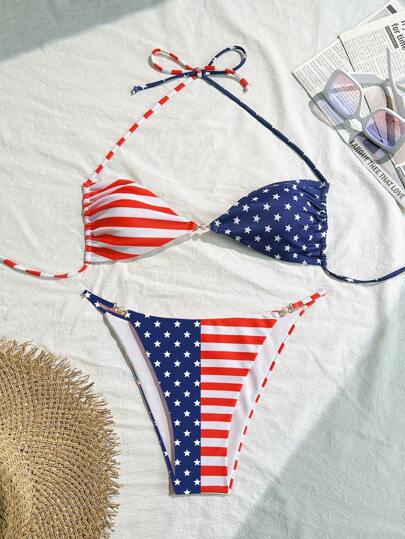 SHEIN Swim 4th Of July Women's American USA Flag Print Spaghetti Strap Strappy Bikini Set, For Summer Beach Vacation